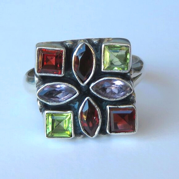 Natural Garnets Amethysts Peridots In Sterling Silver Mosaic Ring. Size 8.25 - Picture 6 of 17